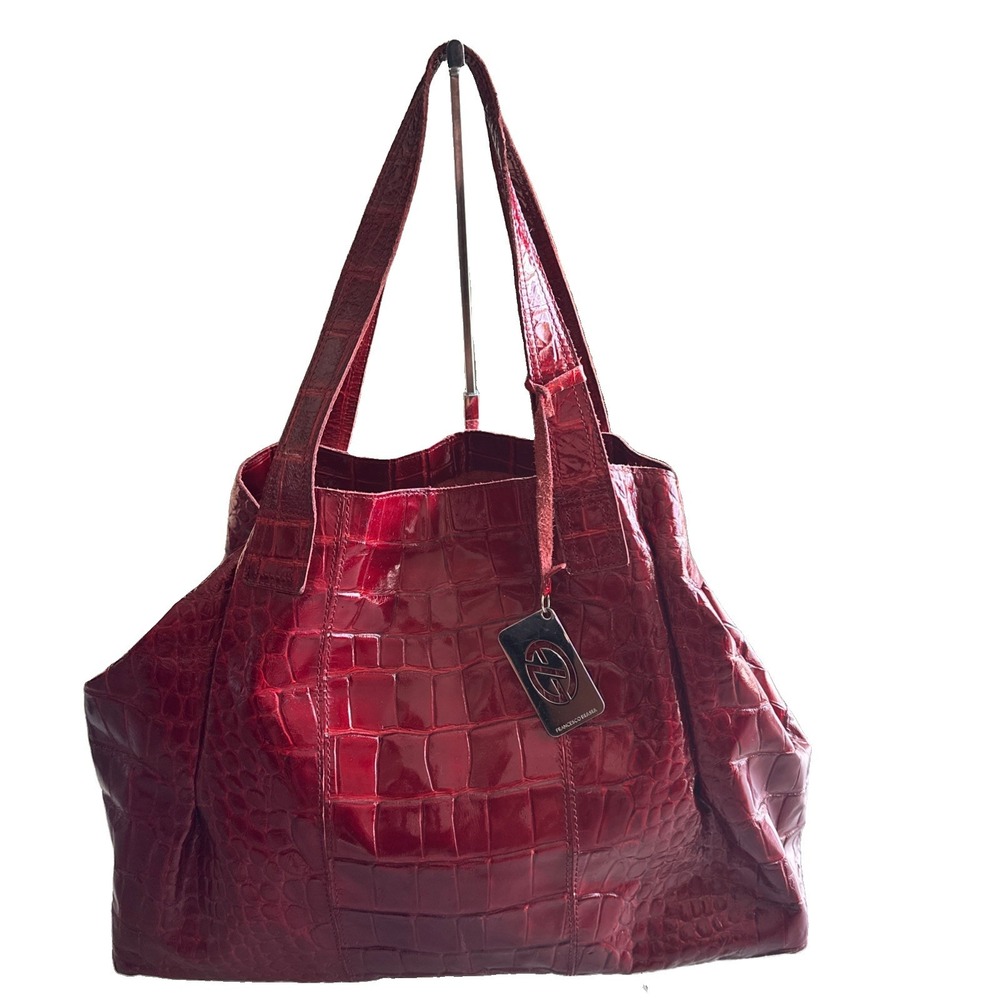Red Francesco Bias Crocodile Embossed Large Patent Leather Bag